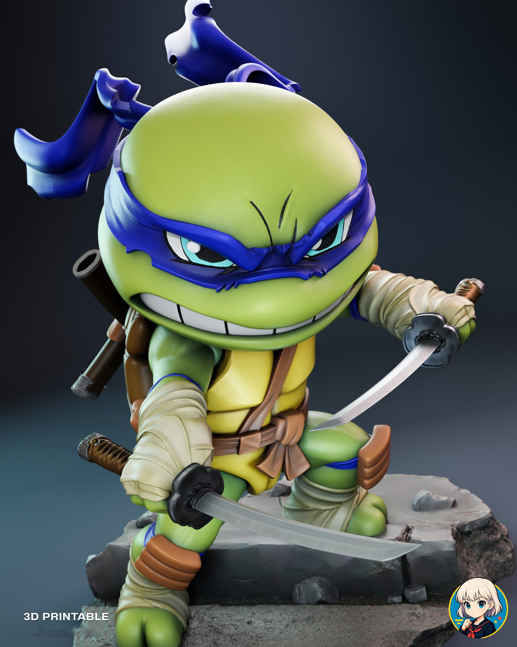 Sculptor's render (kit ships unpainted): high front view looking down on the head and mask over the two drawn katanas
