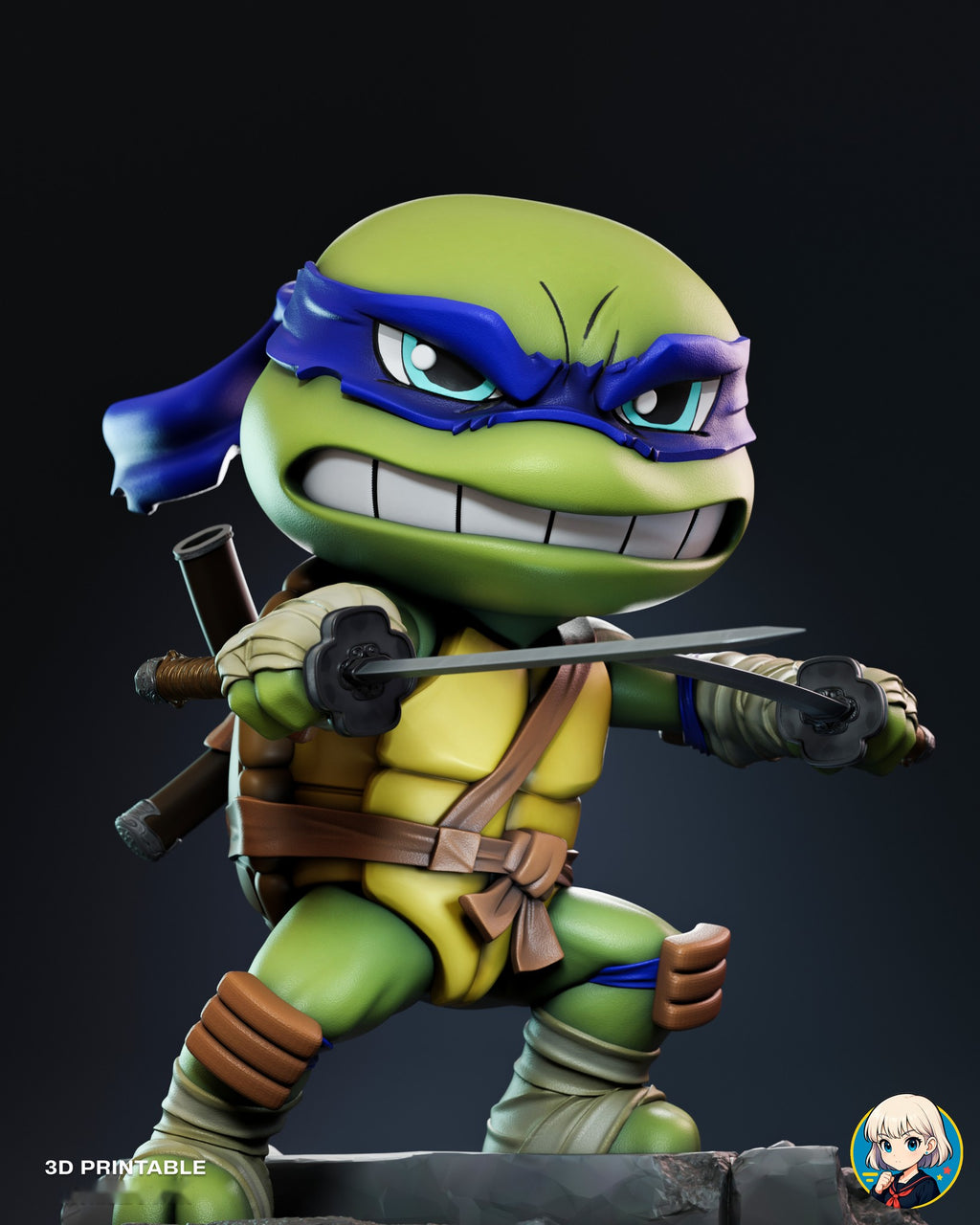 Sculptor's render (kit ships unpainted): front view at head height with both blades held level and the belt knot and shoulder strap