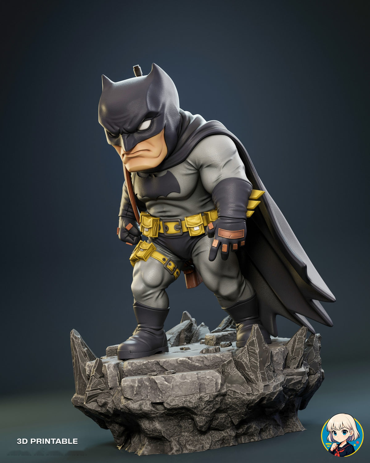 Sculptor's render (kit ships unpainted): three-quarter view from his left with the cape hanging behind him and the shards on the rock rim