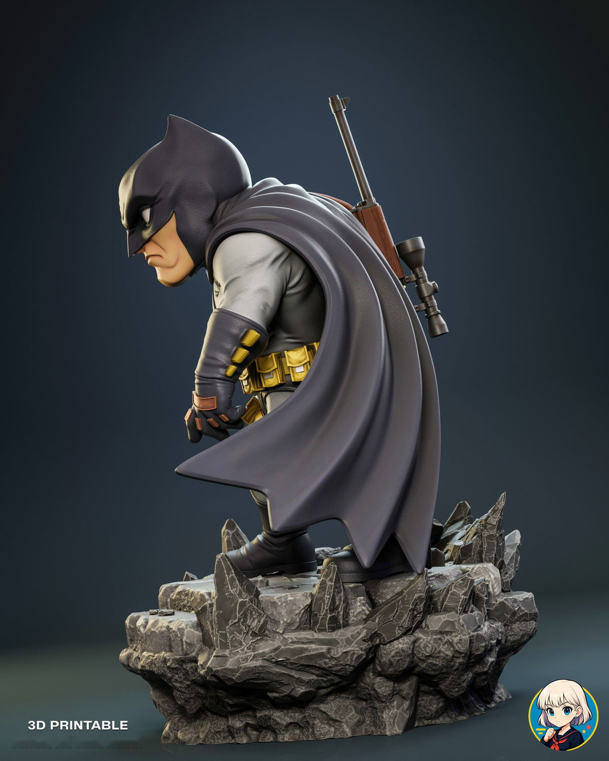 Sculptor's render (kit ships unpainted): left side profile with the cape draped over his back and the scoped rifle behind him