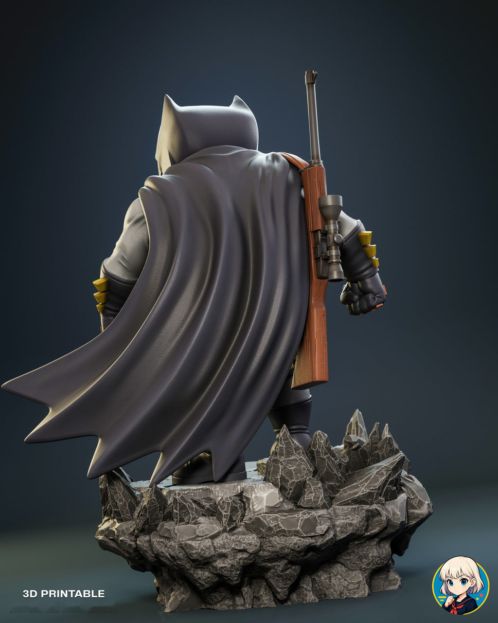 Sculptor's render (kit ships unpainted): back view of the wide cape with its scalloped hem and the slung rifle