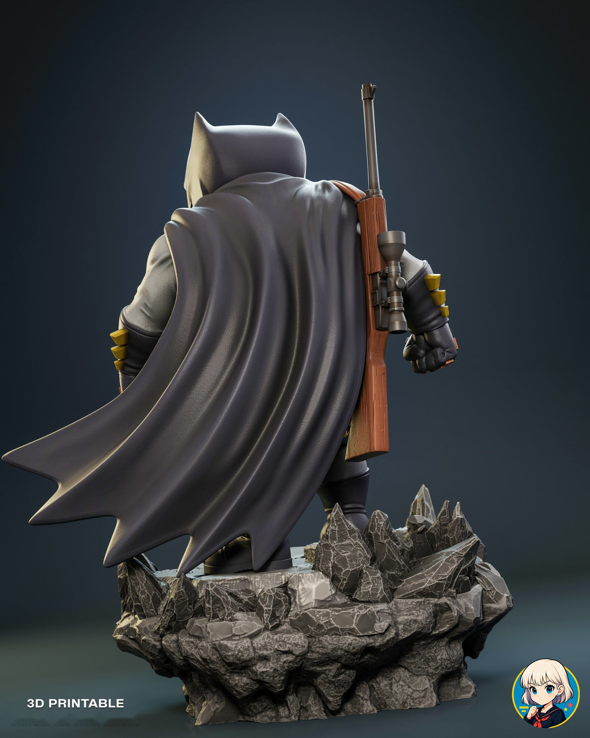 Sculptor's render (kit ships unpainted): back view of the wide cape with its scalloped hem and the slung rifle