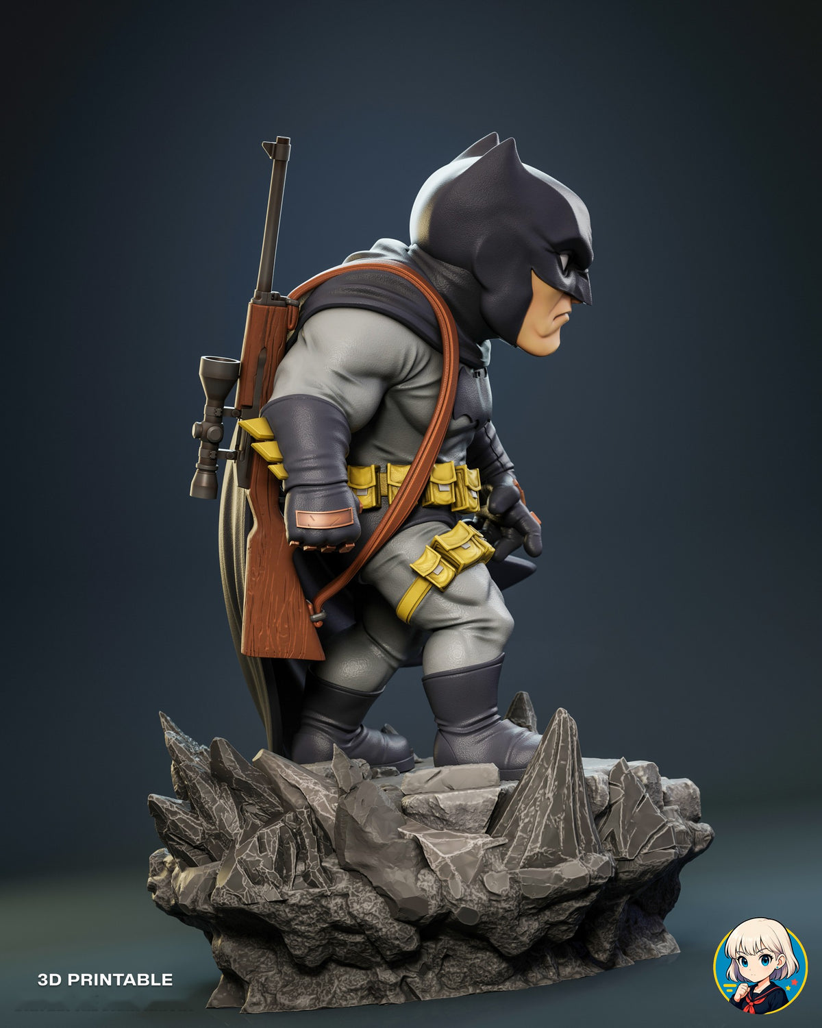 Sculptor's render (kit ships unpainted): right side profile showing the full rifle with its wooden stock, scope and leather sling