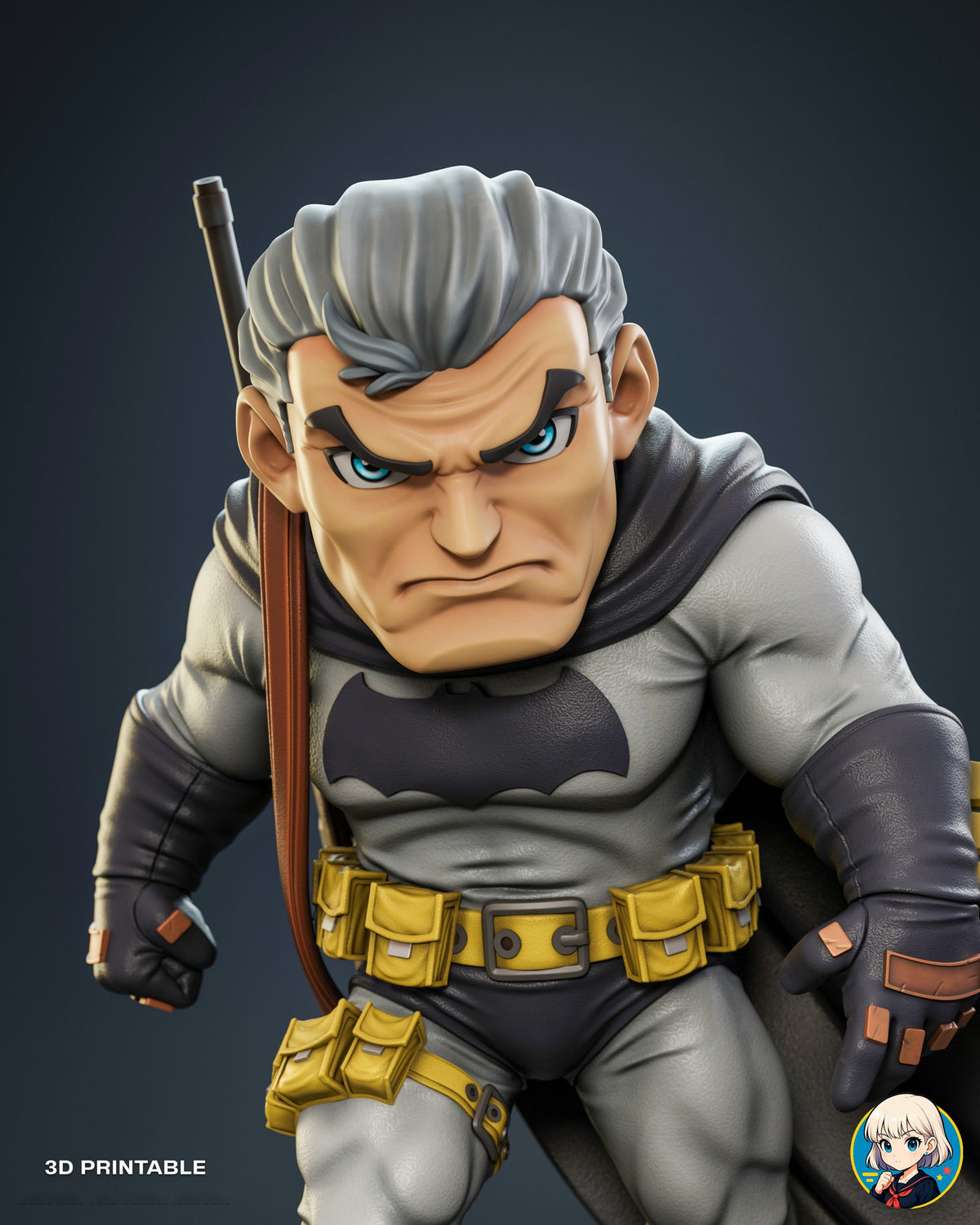 Sculptor's render (kit ships unpainted): close-up of the unmasked head with gray hair, blue eyes and a scowl
