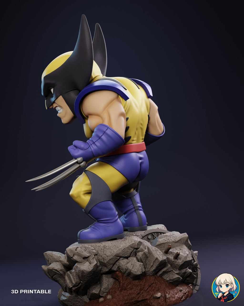 Sculptor's render (kit ships unpainted): left side profile showing the back of the costume and the metal disc half buried in the rocks