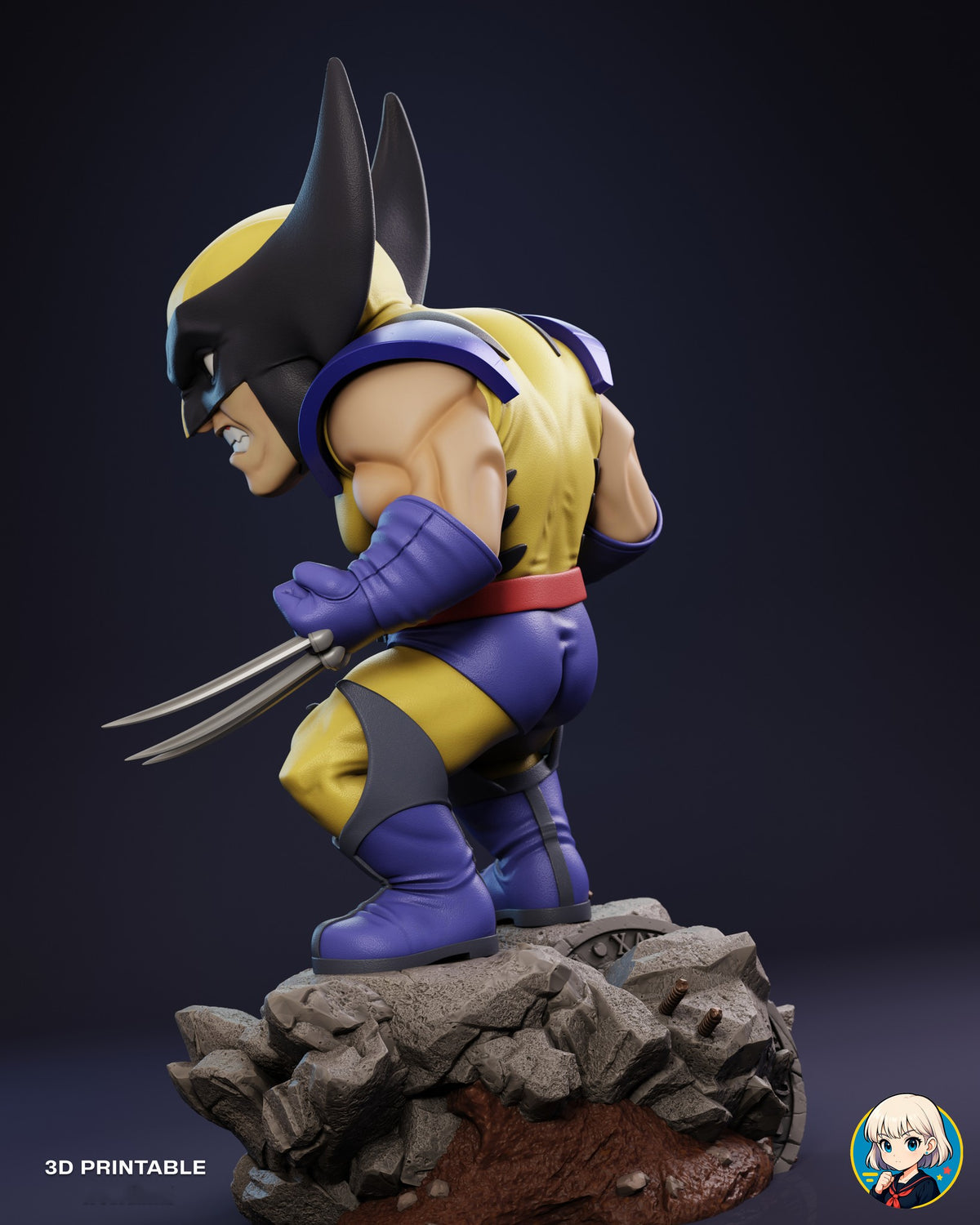 Sculptor's render (kit ships unpainted): left side profile showing the back of the costume and the metal disc half buried in the rocks
