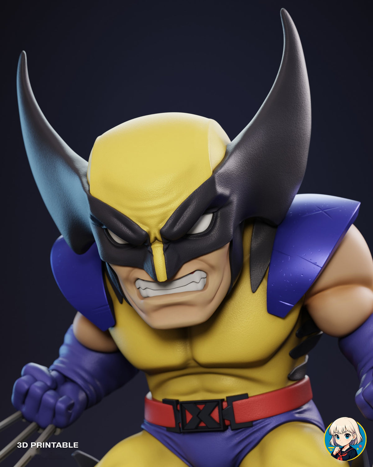 Sculptor's render (kit ships unpainted): close-up of the snarling masked face and the glossy blue shoulder pads