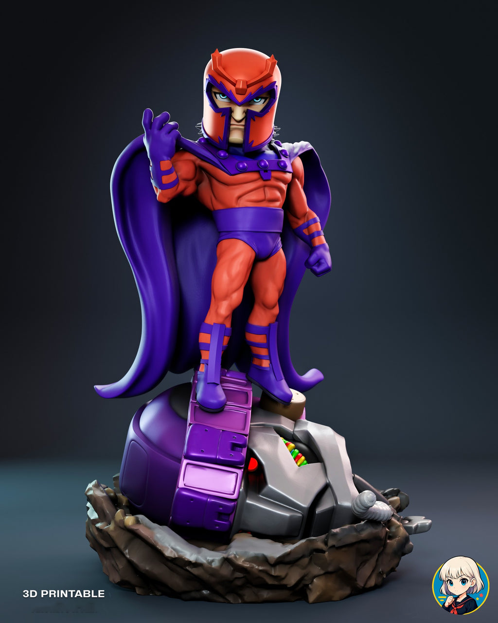 Sculptor's render of the painted design (kit ships unpainted): front view of the whole scene, the helmeted figure standing on the fallen robot head in the rock crater