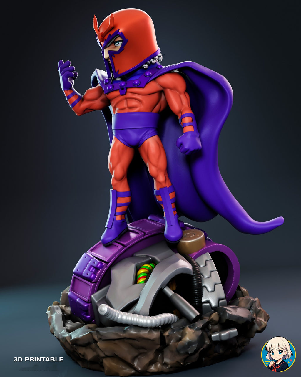 Sculptor's render (kit ships unpainted): three-quarter view from his left showing the robot's open panel, wiring and hose, with the cape sweeping back