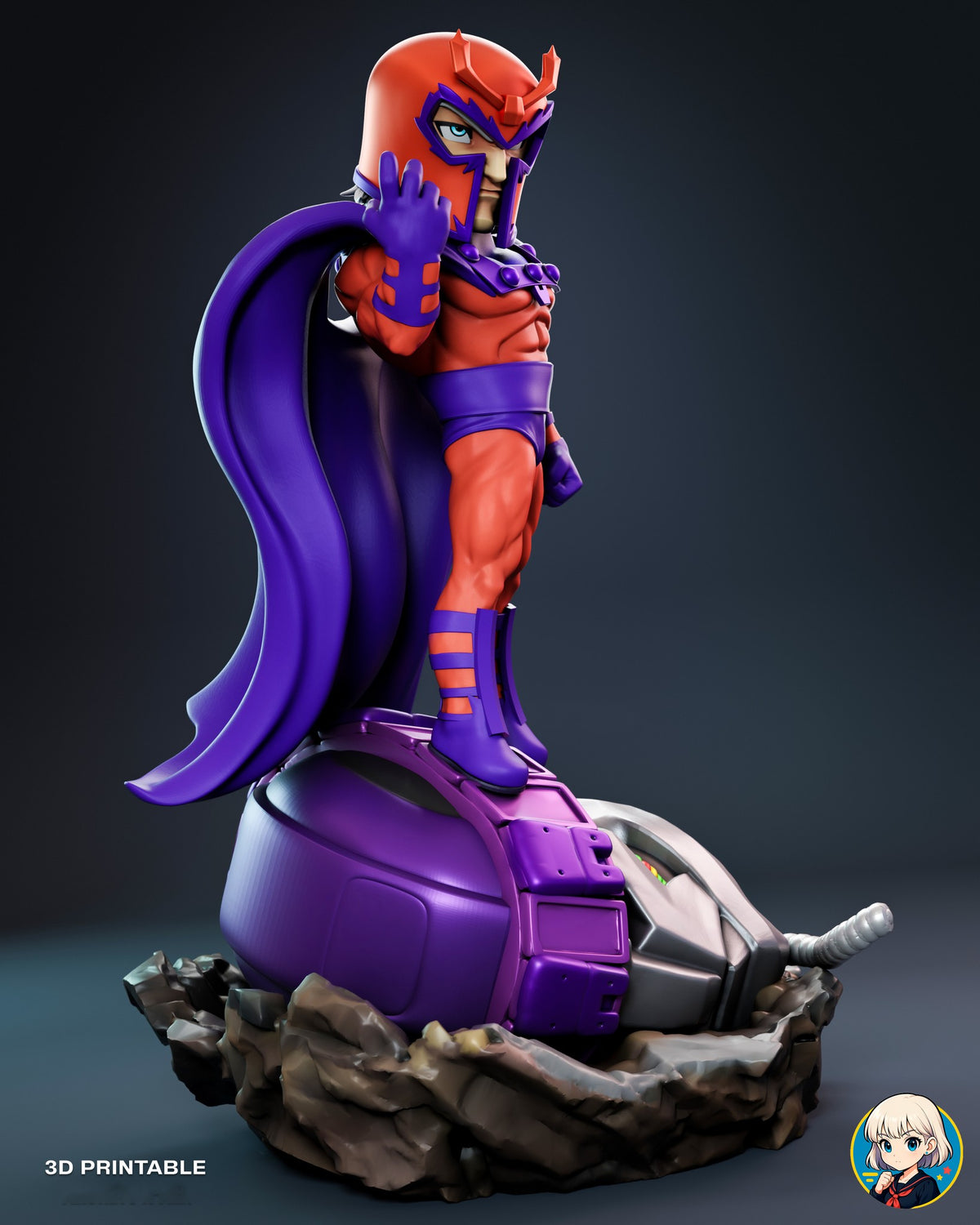 Sculptor's render (kit ships unpainted): side view with the purple cape falling behind him in a long curve and the robot's purple dome end