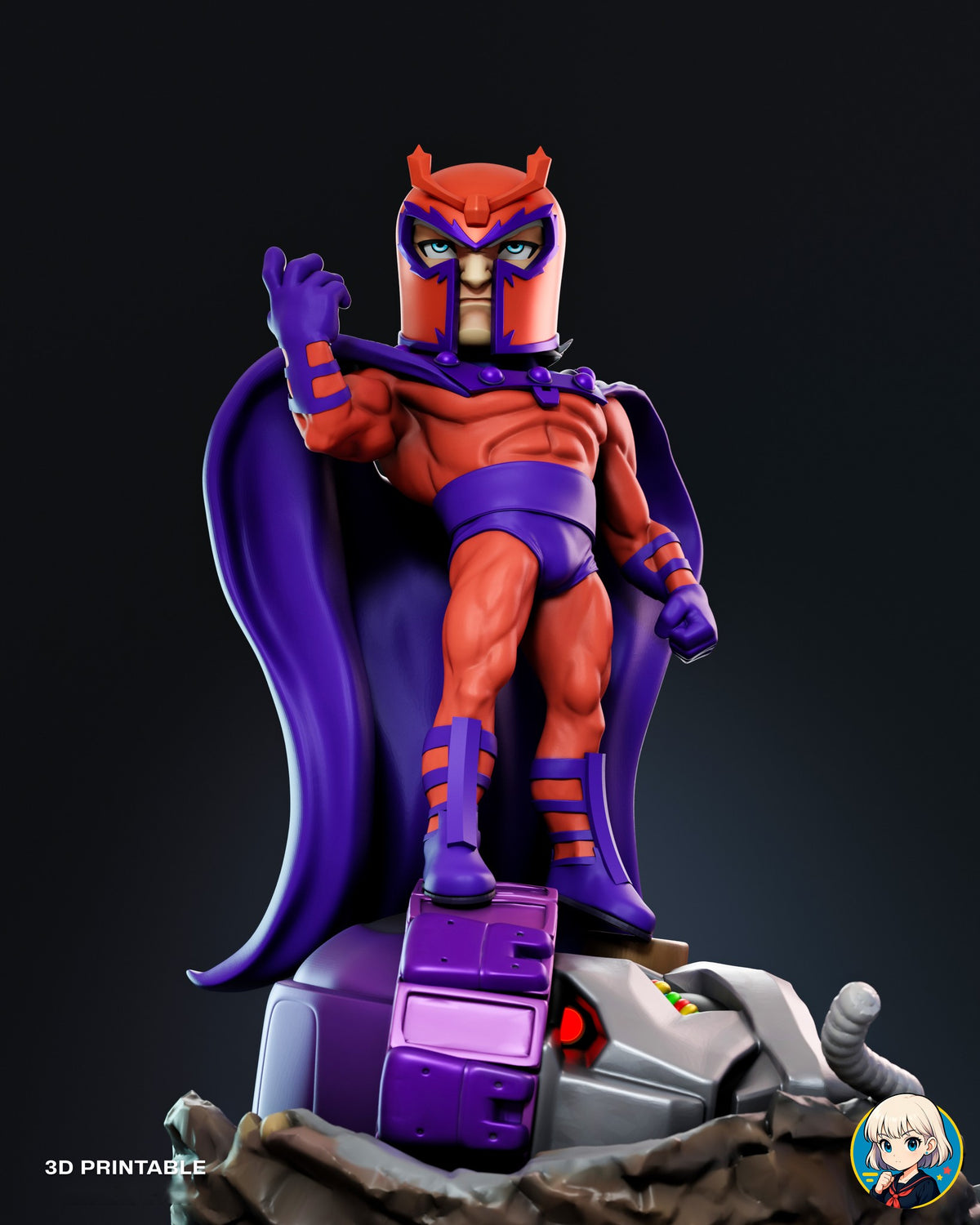 Sculptor's render (kit ships unpainted): low front view looking up at the figure standing over the robot's red eye