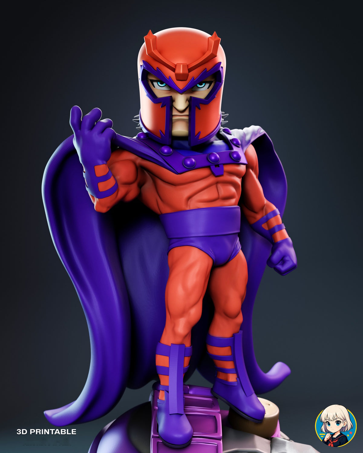 Sculptor's render (kit ships unpainted): front view of the figure from helmet to boots, one hand gripping the cape