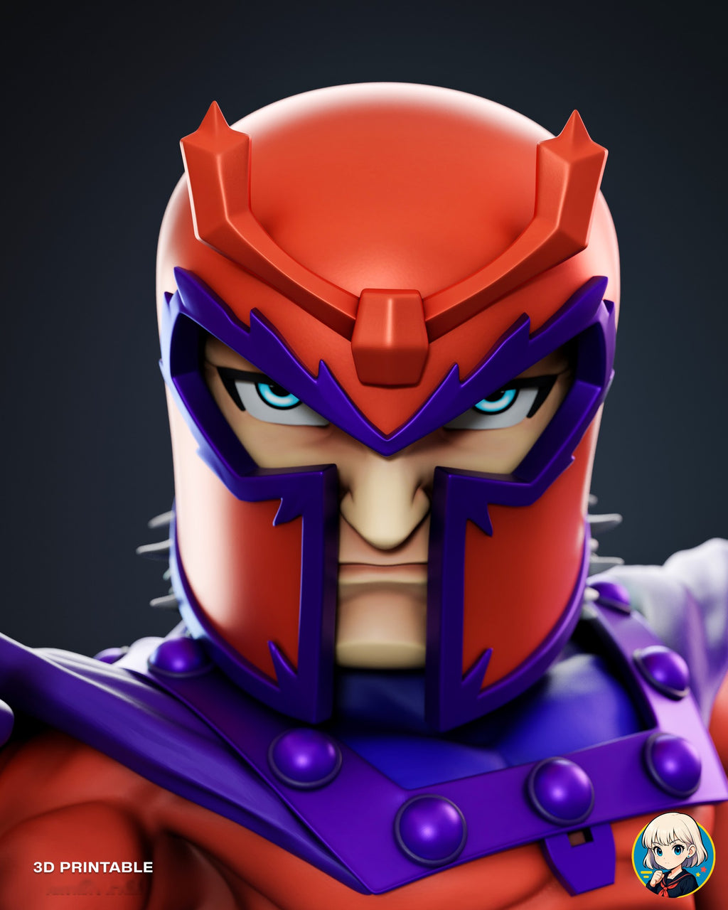 Sculptor's render (kit ships unpainted): close-up of the face inside the red helmet with purple trim and crest prongs