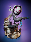 Sculptor's render of the painted design (kit ships unpainted): front three-quarter view of the whole statue, the hooded masked heroine balanced on one hand on a brick chimney with a cream cloud bursting around it