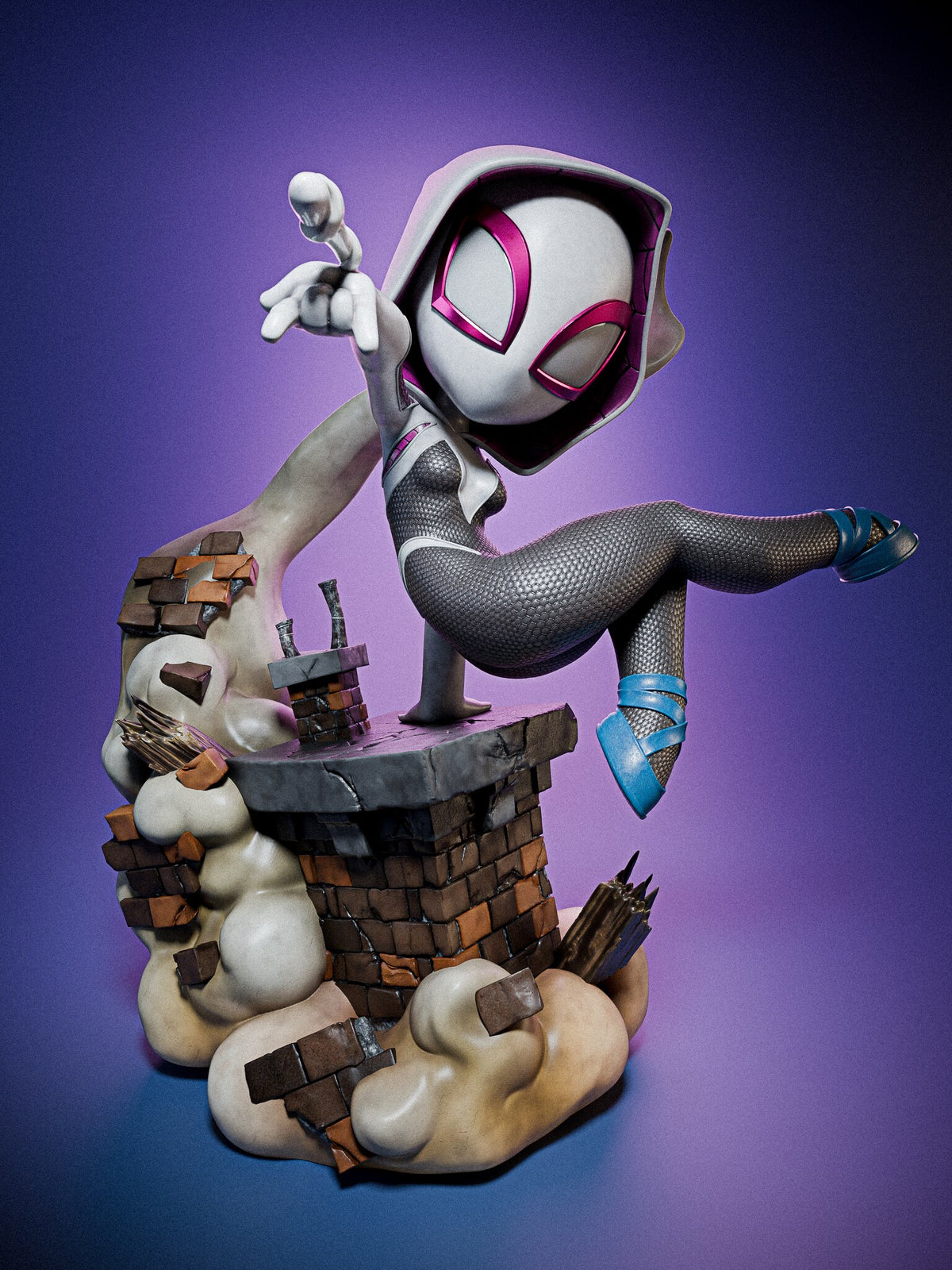 Sculptor's render of the painted design (kit ships unpainted): front three-quarter view of the whole statue, the hooded masked heroine balanced on one hand on a brick chimney with a cream cloud bursting around it