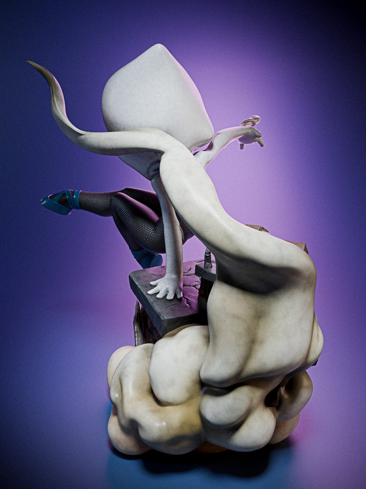 Sculptor's render (kit ships unpainted): back view of the whole statue, the cloud plume sweeping up behind the white hood