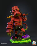 Sculptor's render of the painted design (kit ships unpainted): three-quarter front view of the red demon hero with a flaming sword on his shoulder and a stone right hand, on the round slime base with a purple tentacle and a log