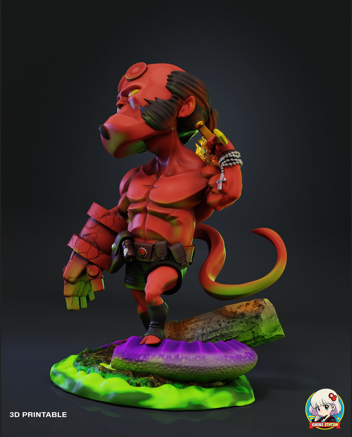 Sculptor's render (kit ships unpainted): view from his left with the tail curled behind him and one hoof up on the tentacle