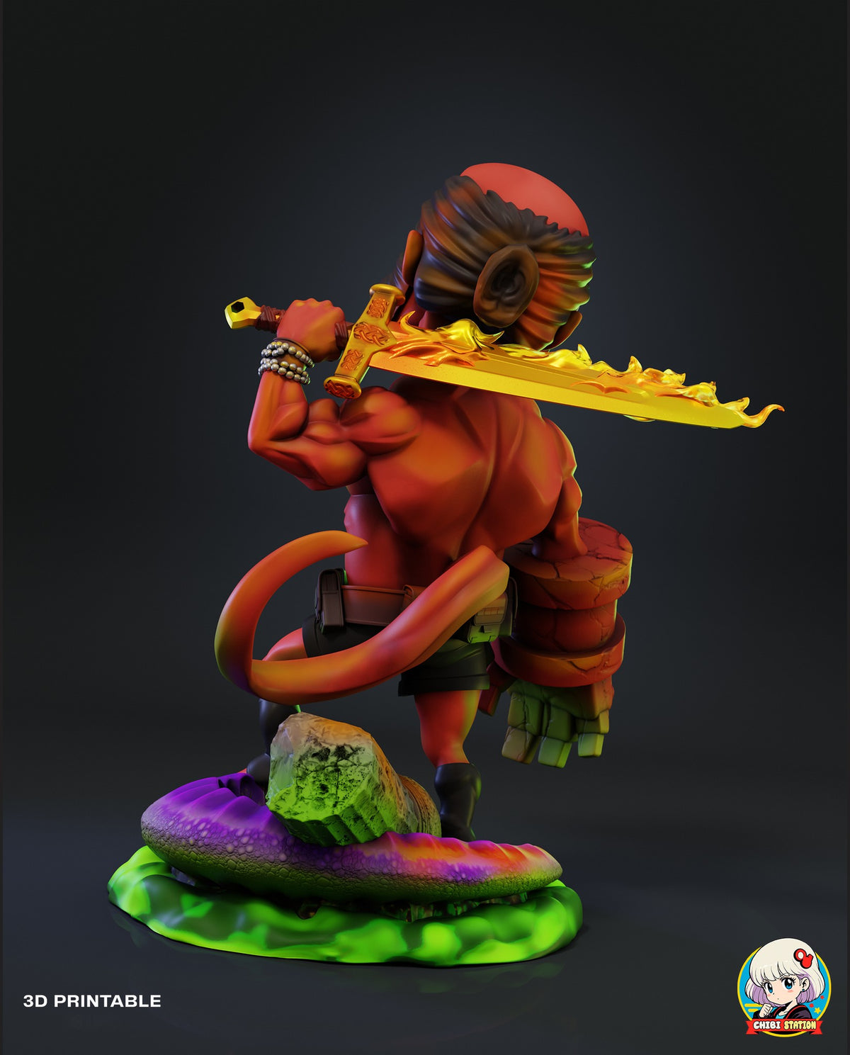 Sculptor's render (kit ships unpainted): rear three-quarter view showing the whole gold sword with flames along the blade, the hair bun and the back pouches