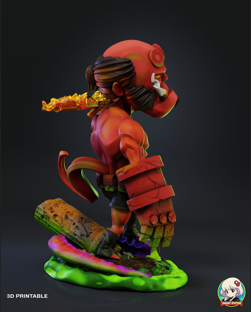 Sculptor's render (kit ships unpainted): right side profile with the stone hand in front and the flaming blade trailing behind his head