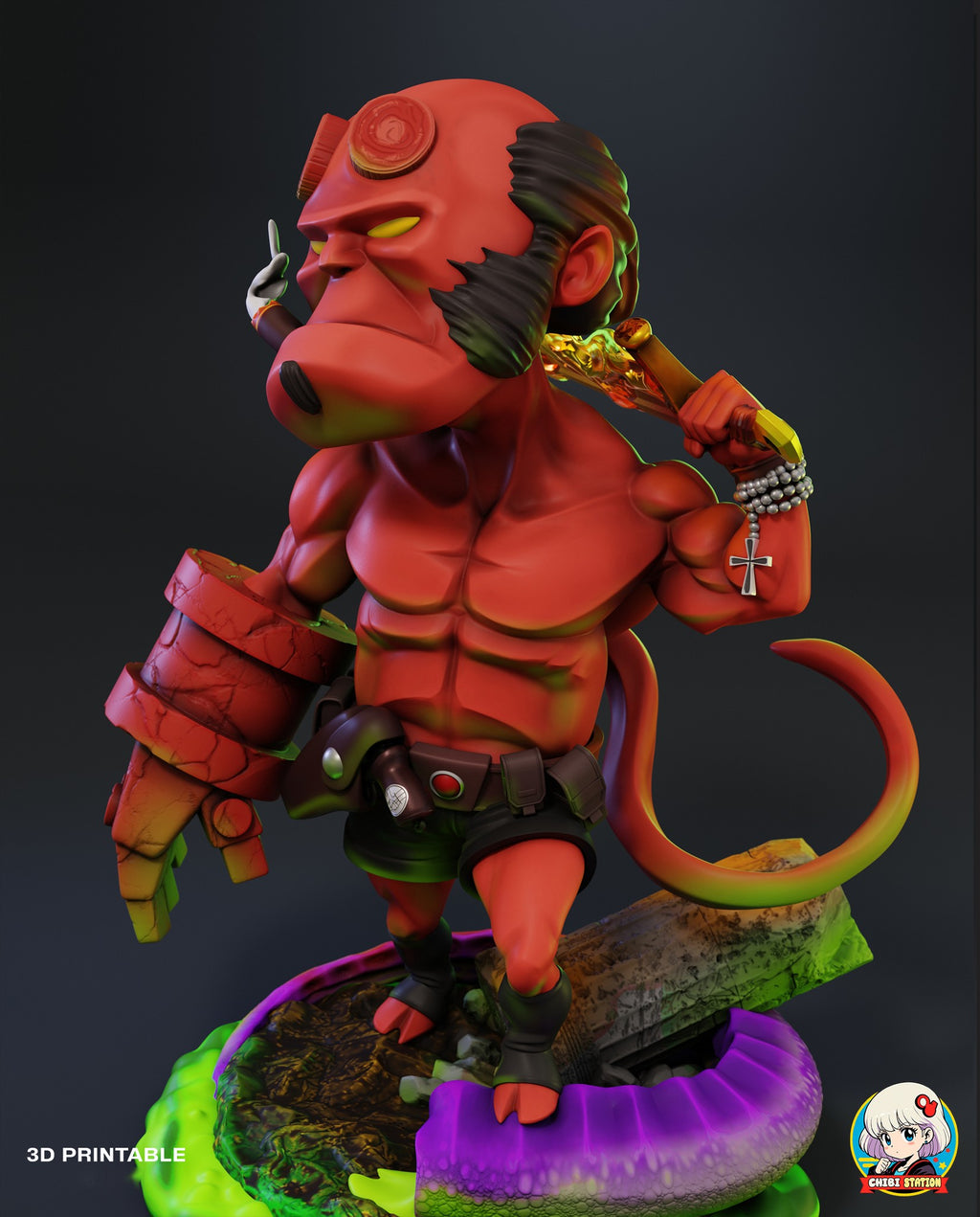 Sculptor's render (kit ships unpainted): high three-quarter view from his left, with the horn stumps, the buckle and the hoof on the ribbed tentacle