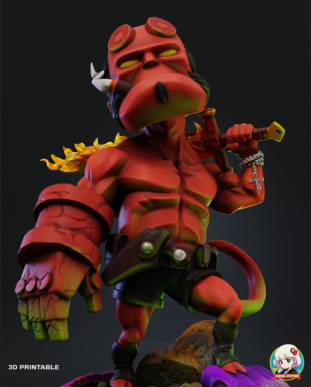 Sculptor's render (kit ships unpainted): low three-quarter view showing the belt, holster, revolver grip and the bolt heads on the stone knuckles