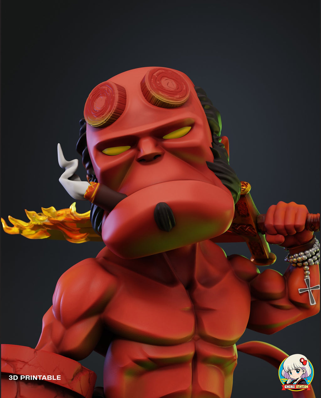 Sculptor's render (kit ships unpainted): close-up of the deadpan face with a smoking cigar and the fist gripping the sword hilt
