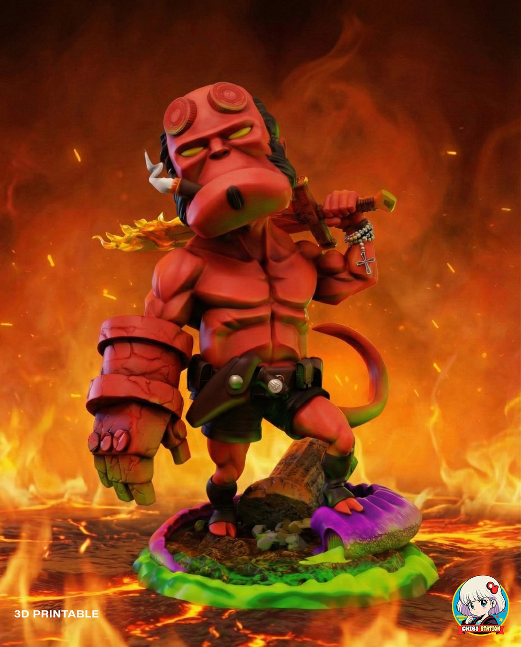 Sculptor's render (kit ships unpainted): the same three-quarter front view against a backdrop of fire and lava