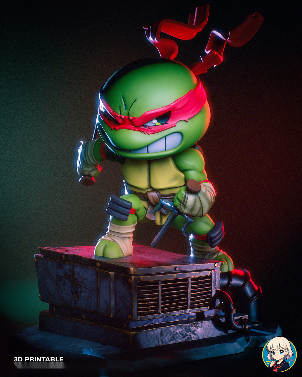 Sculptor's render (kit ships unpainted): the whole figure and base from the front, lit red and green against a dark background
