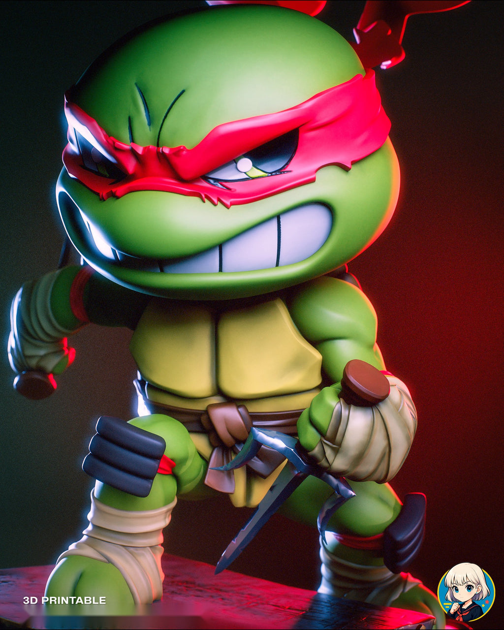 Sculptor's render (kit ships unpainted): closer front view from head to feet, gripping a sai low in front of the knotted belt