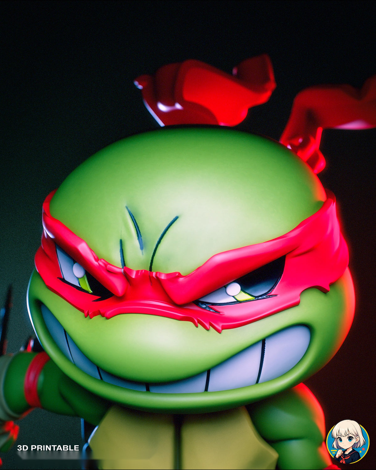 Sculptor's render (kit ships unpainted): close-up of the face, glaring through the ragged red mask with a wide clenched grin
