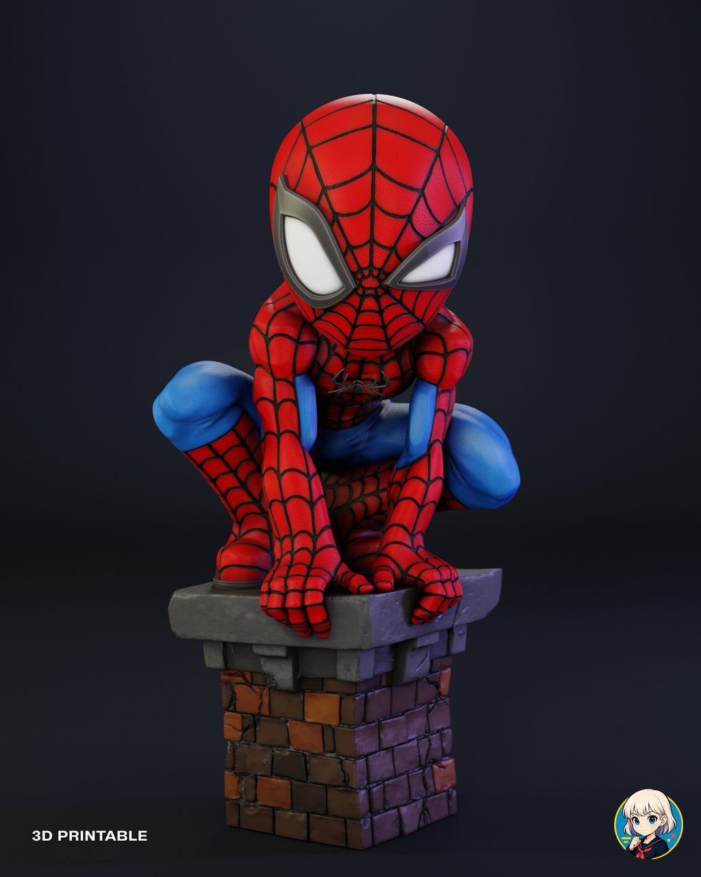 Sculptor's render of the painted design (kit ships unpainted): front view of the whole statue, the web-masked hero crouched on top of a square brick chimney with a gray stone cap