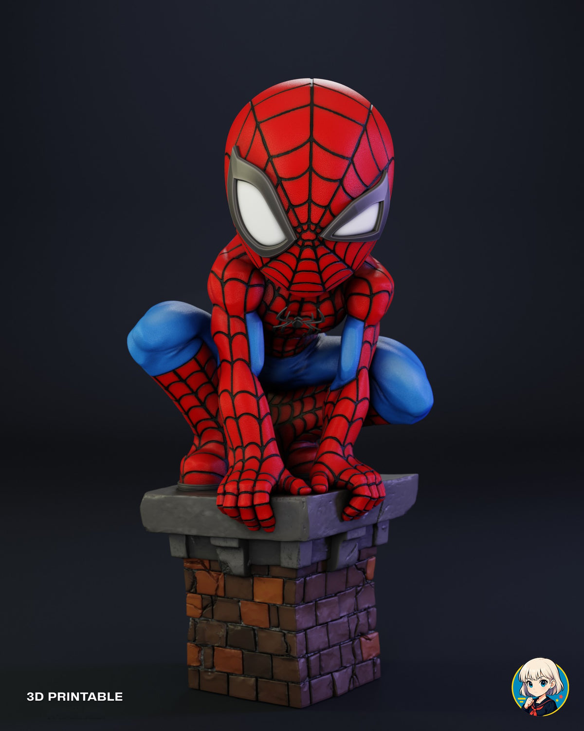 Sculptor's render of the painted design (kit ships unpainted): front view of the whole statue, the web-masked hero crouched on top of a square brick chimney with a gray stone cap