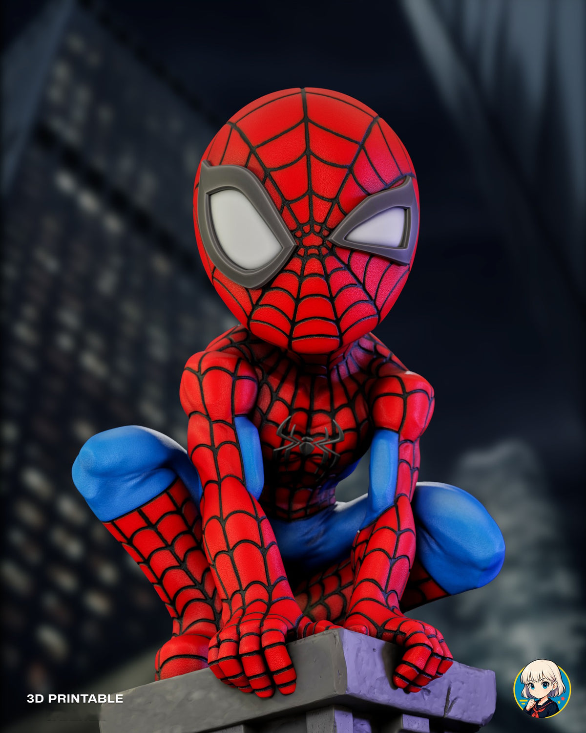 Sculptor's render (kit ships unpainted): low front view of the crouch with both hands gripping the cap edge, against a night city backdrop