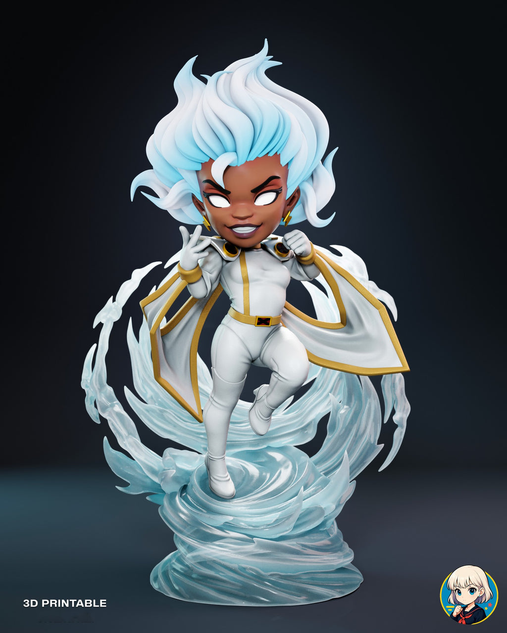 Sculptor's render of the painted design (kit ships unpainted): front view of the whole statue, the white-haired heroine on one toe atop a whirlwind pedestal with a ring of wind around her