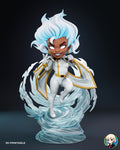Sculptor's render of the painted design (kit ships unpainted): front view of the whole statue, the white-haired heroine on one toe atop a whirlwind pedestal with a ring of wind around her