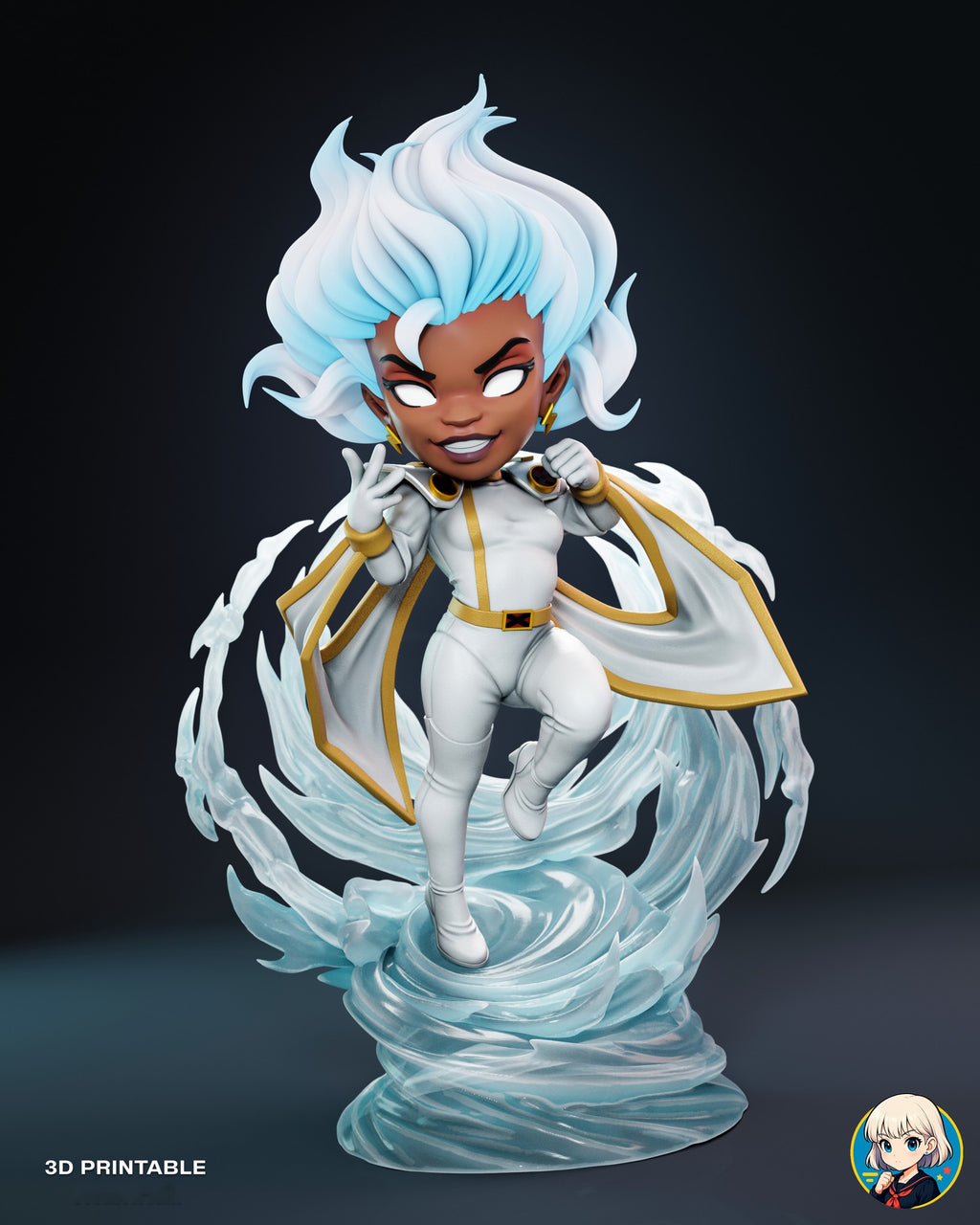 Sculptor's render (kit ships unpainted): straight-on front view with the spiral streaks of the pedestal and the ring framing her