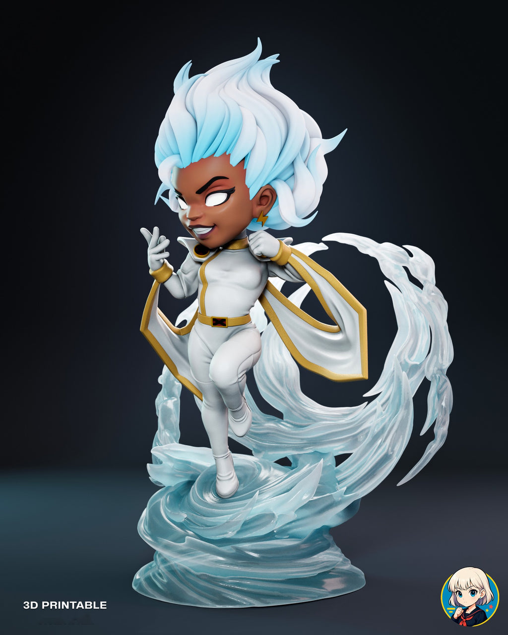Sculptor's render (kit ships unpainted): three-quarter view from her left with one cape panel flaring out and the ring arcing behind