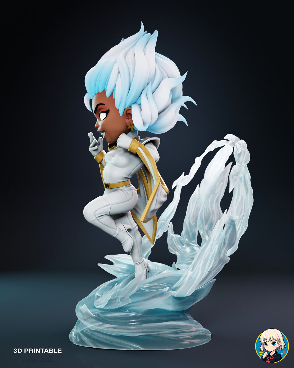 Sculptor's render (kit ships unpainted): side view from her left with the raised knee and the ring seen edge-on