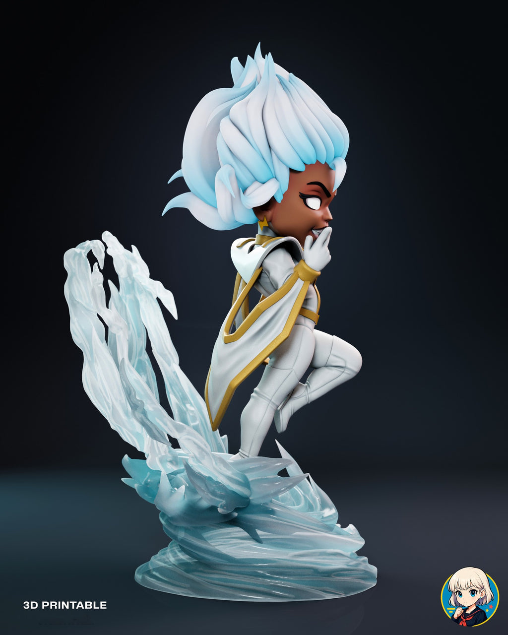 Sculptor's render (kit ships unpainted): side view from her right with the long white-and-gold cape panel beside the standing leg