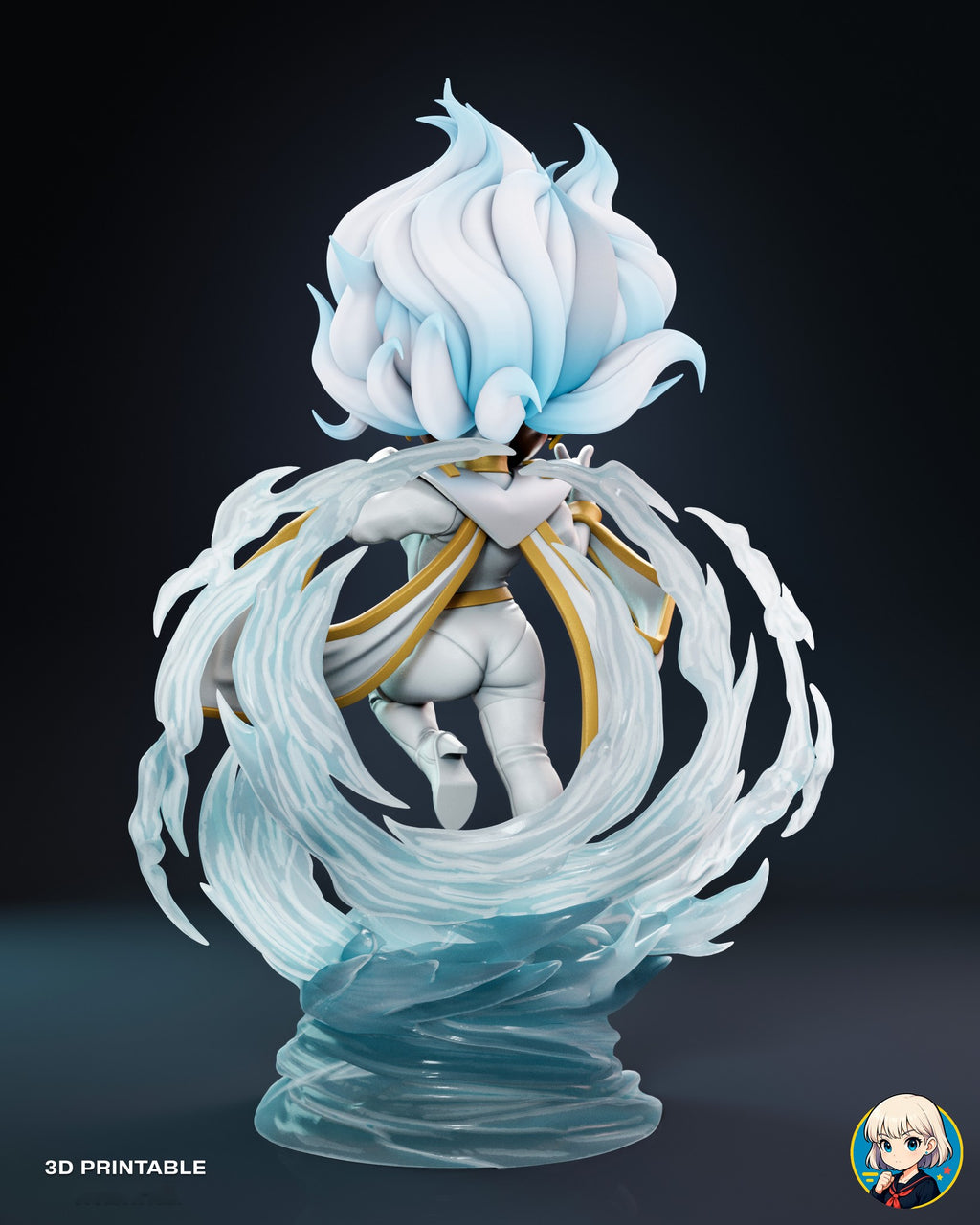 Sculptor's render (kit ships unpainted): back view of the white mane and both cape panels, framed by the wind ring