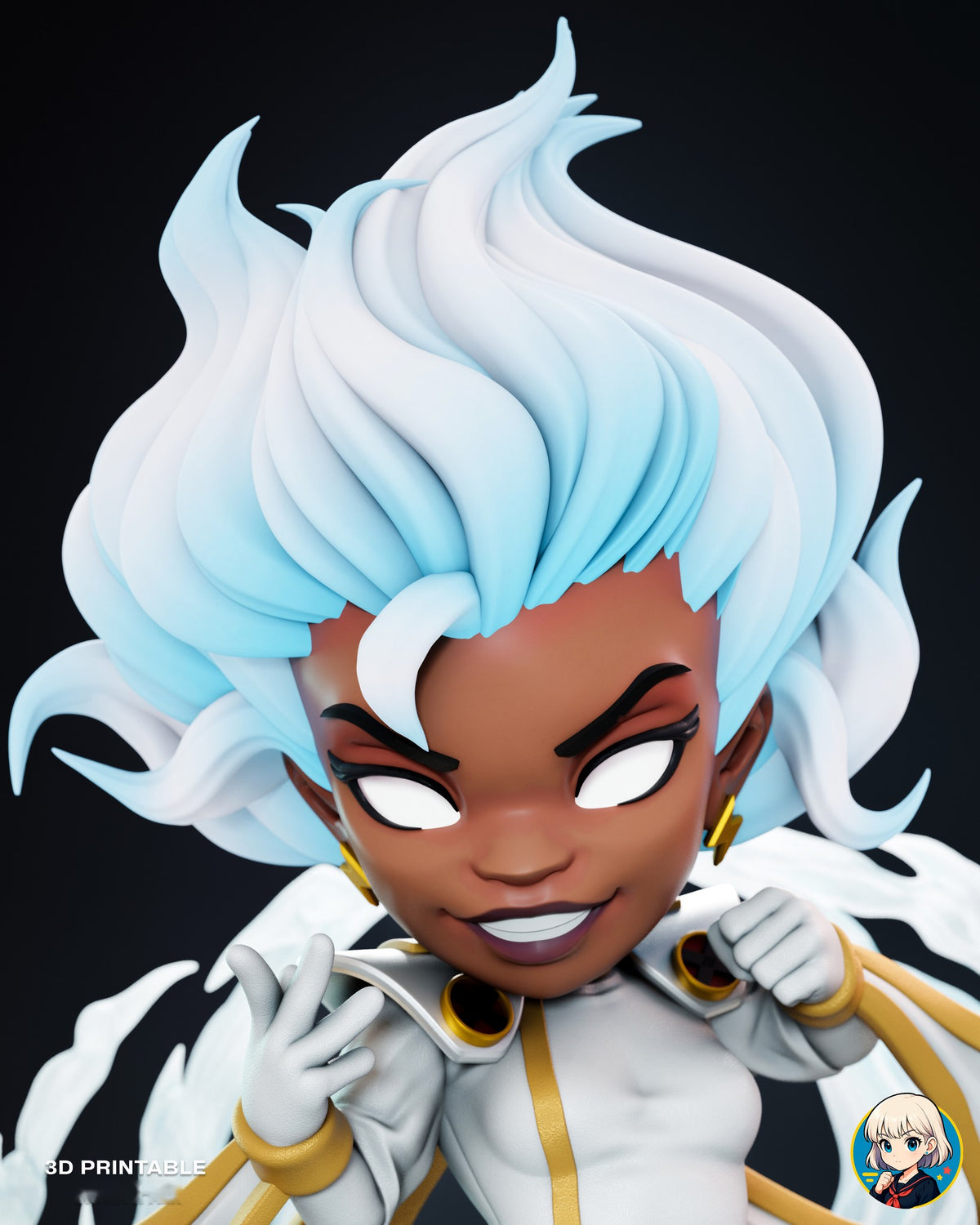 Sculptor's render (kit ships unpainted): close-up of the grinning face with solid white eyes, gold earrings and the white and ice-blue mane