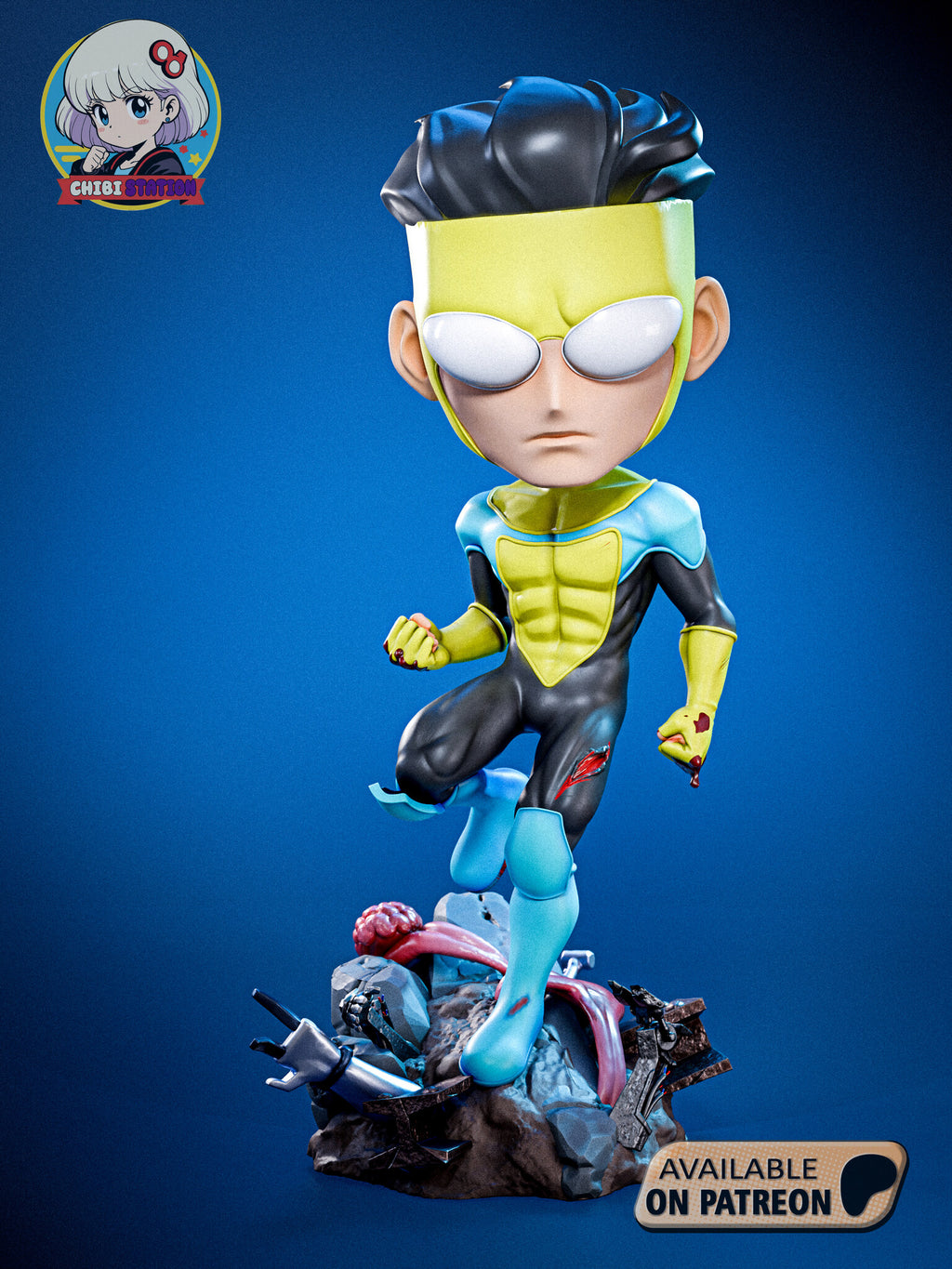 Sculptor's render of the painted design (kit ships unpainted): front view of the yellow-cowled superhero stepping off a rubble pile, one knee raised and both fists clenched, robot wreckage and a pink alien brain in the rocks