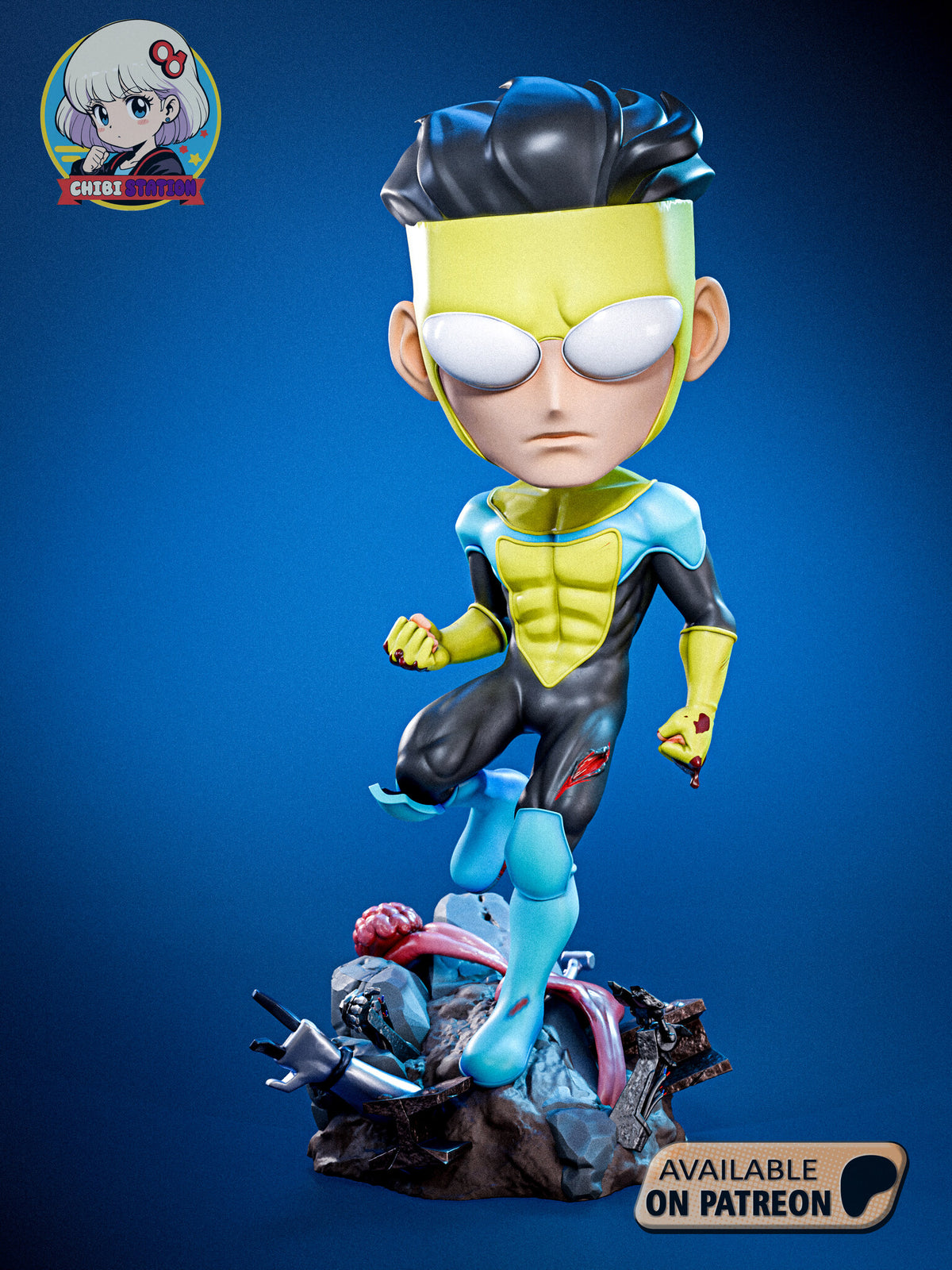Sculptor's render of the painted design (kit ships unpainted): front view of the yellow-cowled superhero stepping off a rubble pile, one knee raised and both fists clenched, robot wreckage and a pink alien brain in the rocks