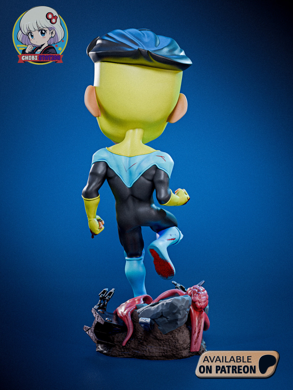 Sculptor's render (kit ships unpainted): back view showing the black hair over the yellow cowl, the cyan yoke and the raised boot's sole, with tendrils draped over the back of the rubble