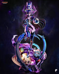 Sculptor's render of the painted design (kit ships unpainted): full front view of the cosmic princess in a finned crown helmet, one boot on a glowing cracked planet in a purple nebula swirl, ringed by blue energy arcs
