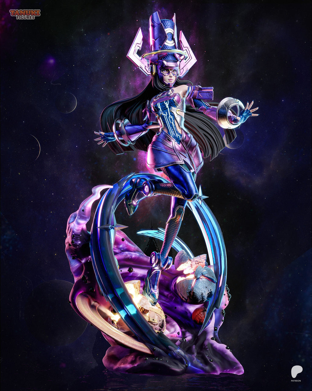 Sculptor's render (kit ships unpainted): full front view from lower down, arms spread, long black hair streaming out behind her