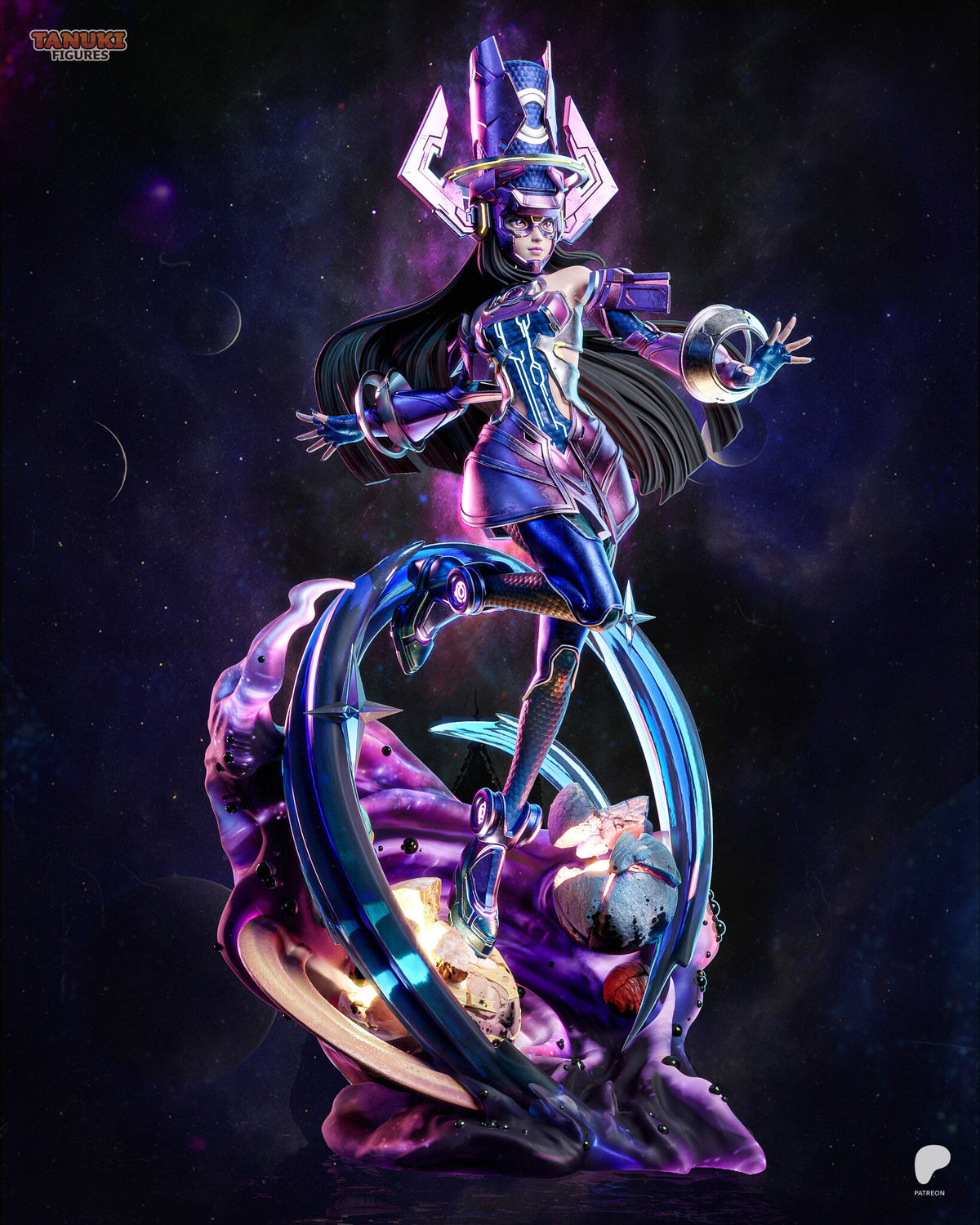 Sculptor's render (kit ships unpainted): full front view from lower down, arms spread, long black hair streaming out behind her