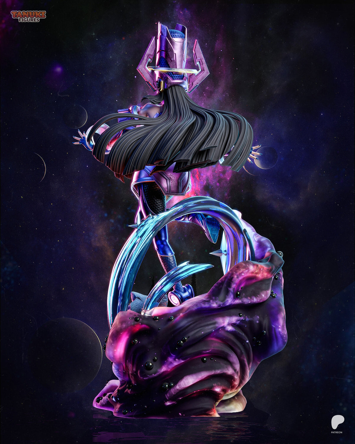 Sculptor's render (kit ships unpainted): full back view showing the long hair, the helmet fins and the back of the nebula swirl