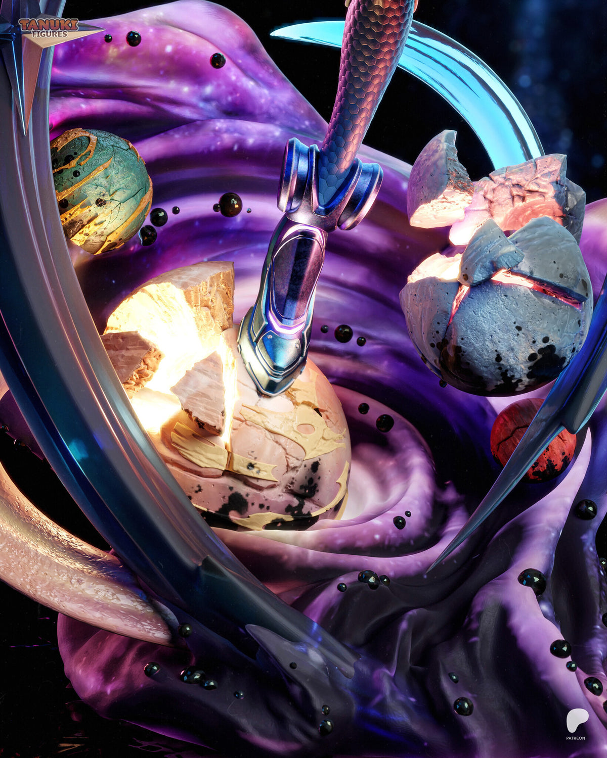 Sculptor's render (kit ships unpainted): close-up of the base: her boot on the split, glowing tan planet, with the cracked gray planet, small teal and red planets and the blue arcs